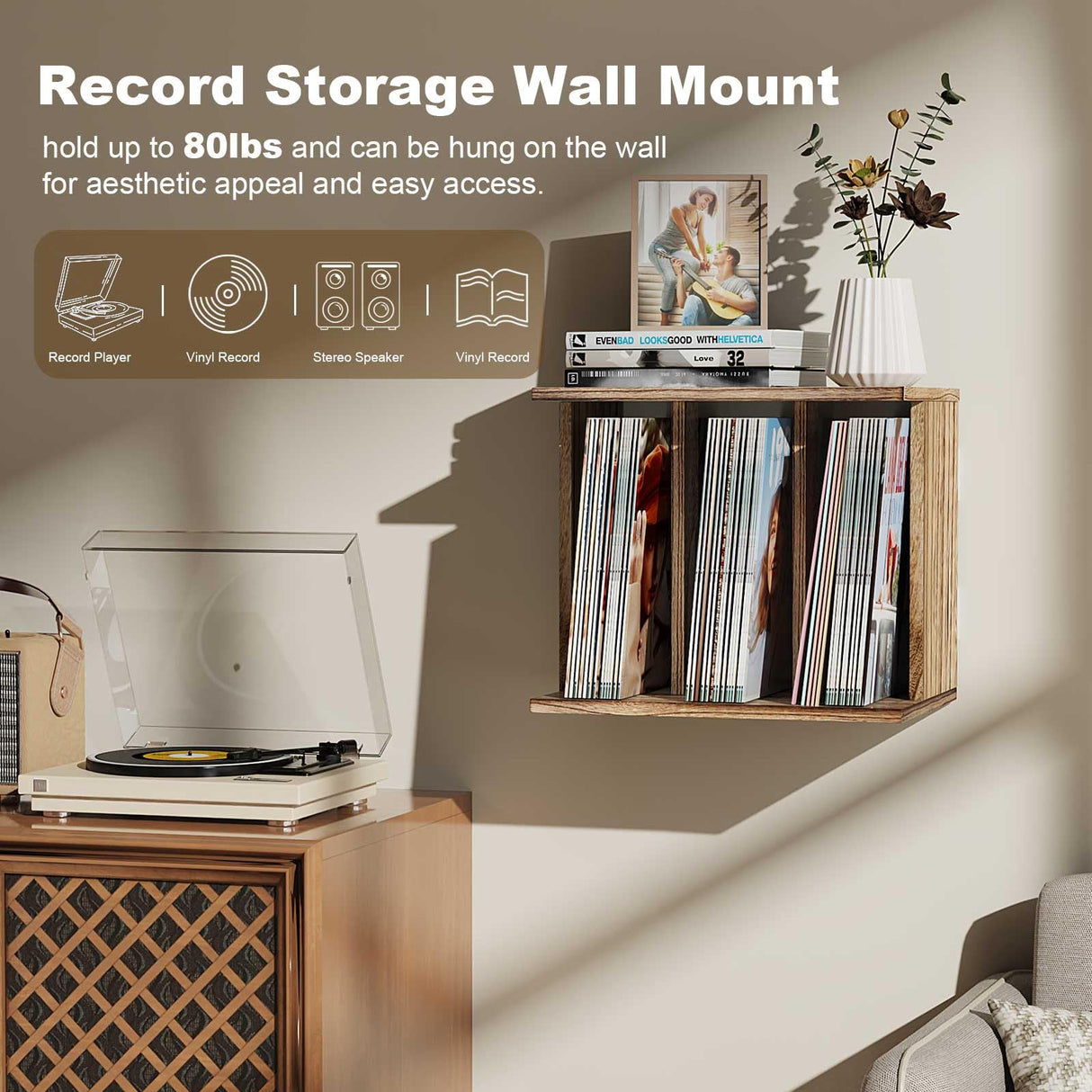 Emfogo Record Player Stand with Vinyl Storage, Turntable Wall Mount for 80-100 Albums, 3-Compartment Holder, Carbonized Black Emfogo