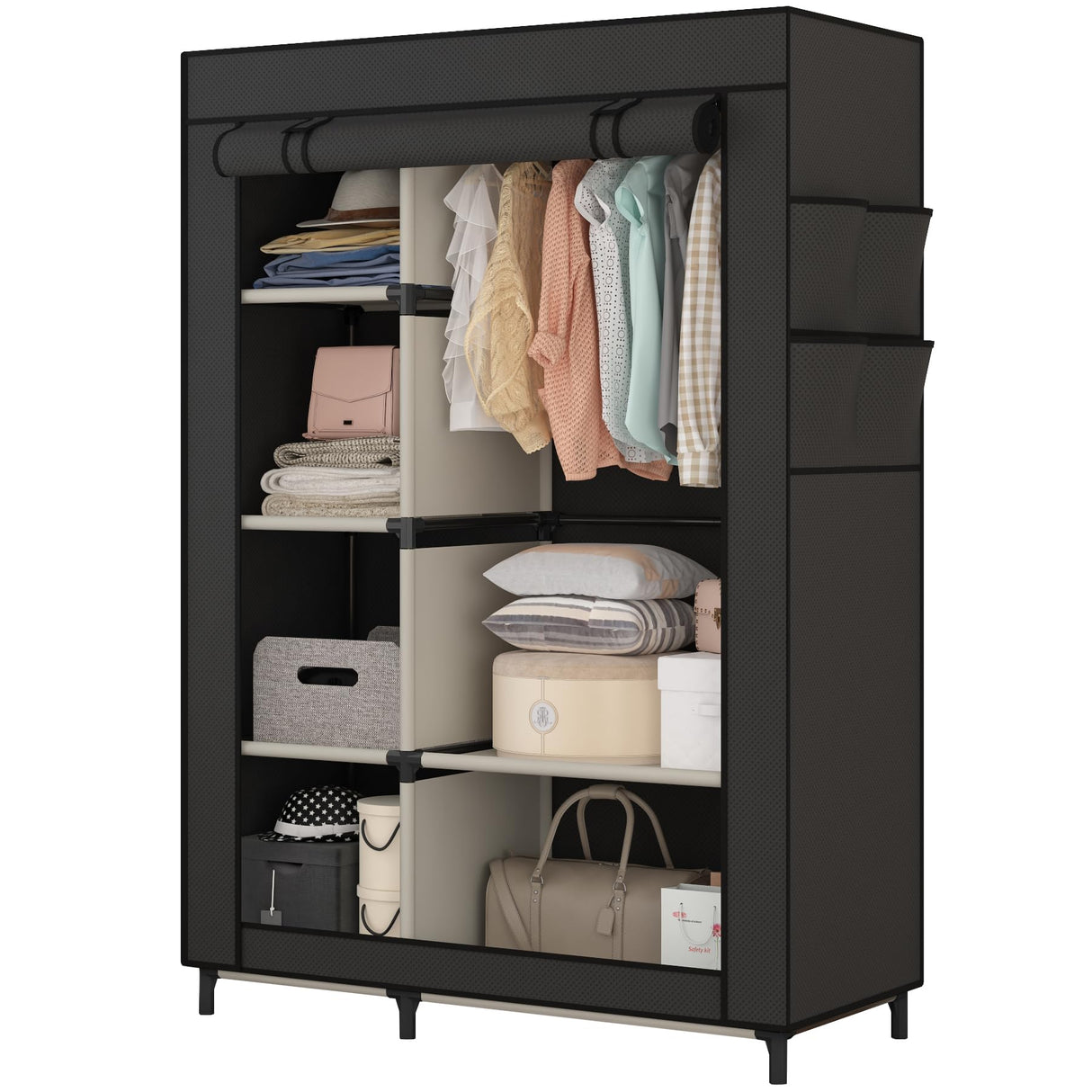 Calmootey Portable Closet Organizers, Clothing Storage, Wardrobe with 6 Shelves and Hanging Rod, Non-Woven Fabric Cover with 4 Side Pockets, Black Calmootey