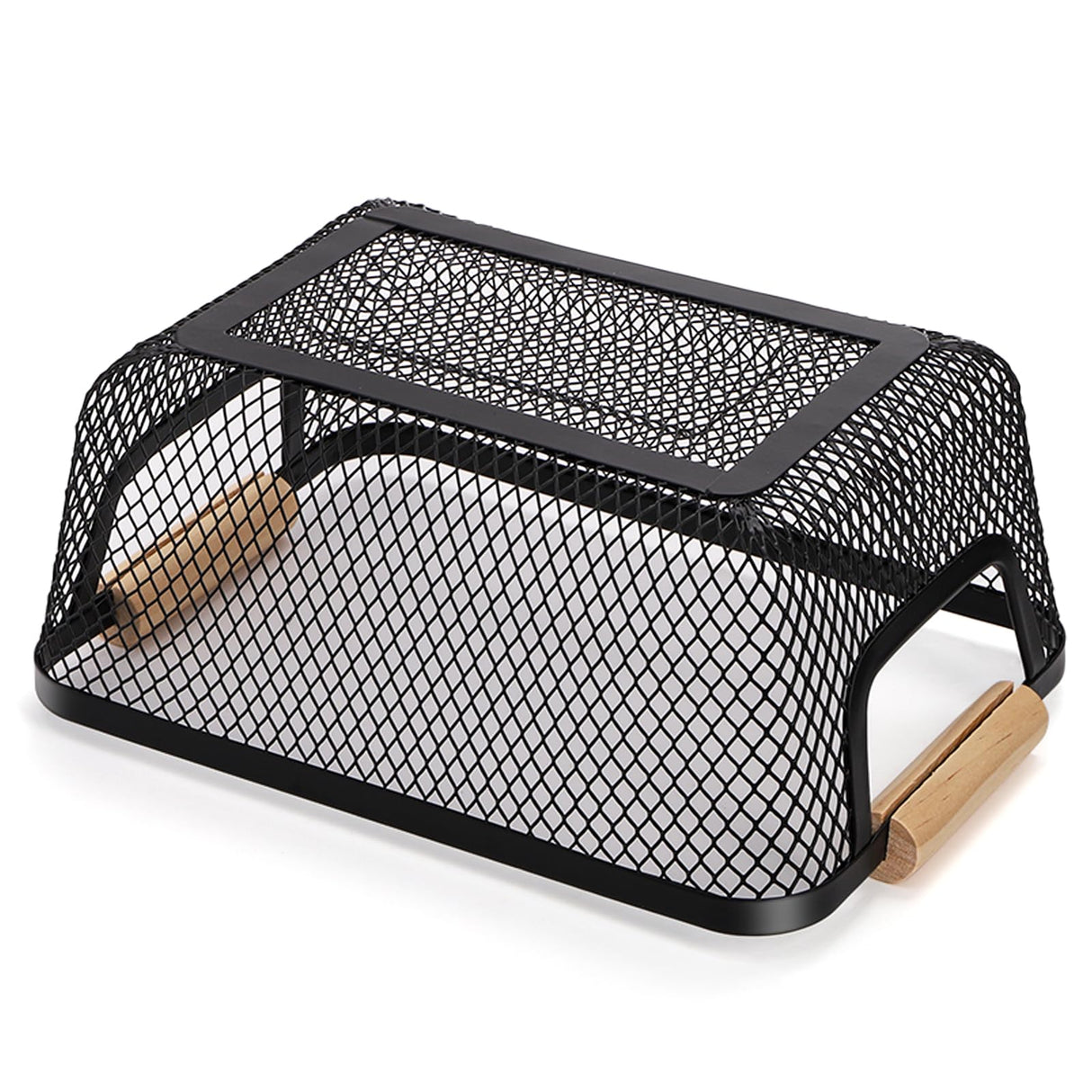 Noamus 3 Pack Metal Mesh Basket with Wooden Handle, Farmhouse Wire Steel Storage Bins, Rectangle Fruit Vegetable Organizer Containers for Home Cabinet Pantry Kitchen Decor, Snack Gift (Black, 3 Size) Noamus