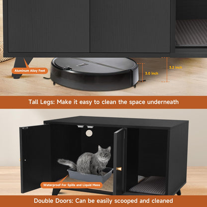 QuicMiou Cat Litter Box Enclosure, Hidden Litter Box Furniture Washroom Storage Cabinet, Modern Cat House with Scratche Pad (Black) - WoodArtSupply