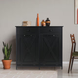 Arlopu Double Tilt Out Trash Cabinet, 20 Gallon Pet Proof Kitchen Pull Out Recycle Cabinet, Freestanding Wooden Laundry Sorter Cabinet, W/Drawer, Barn Door, for Home, Living Room, (Black) Arlopu