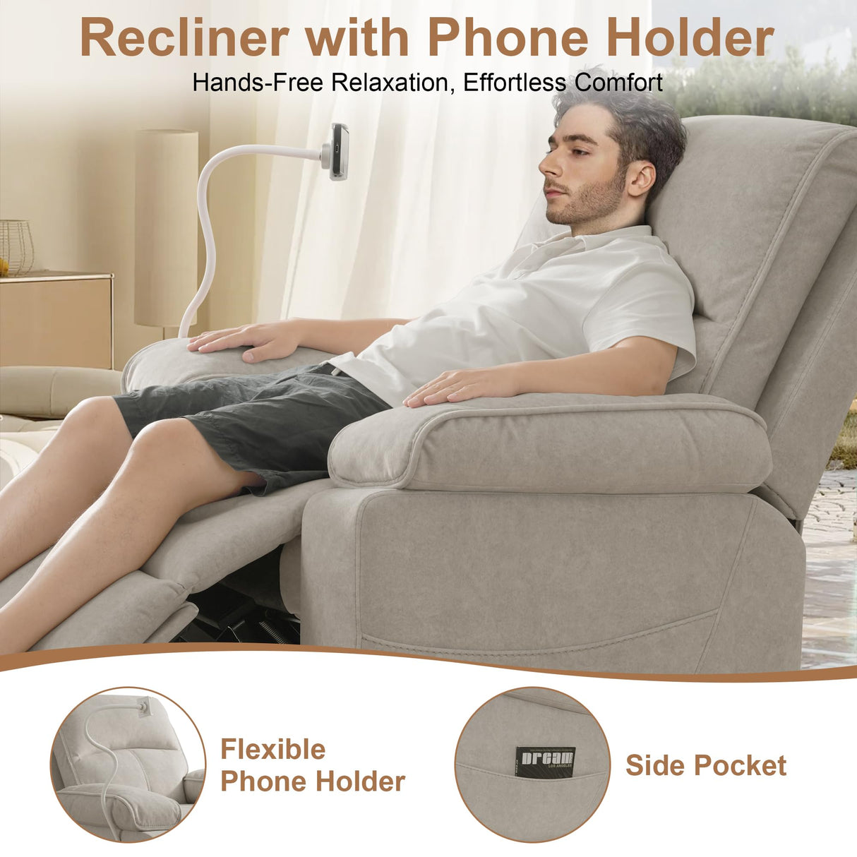 YuuYee Nursing Rocking Chair for Breastfeeding, Glider Nursery 360°Swivel Rocker Recliner Chair with Adjustable and Removable Phone Holder,Wide Seat, Beige YuuYee