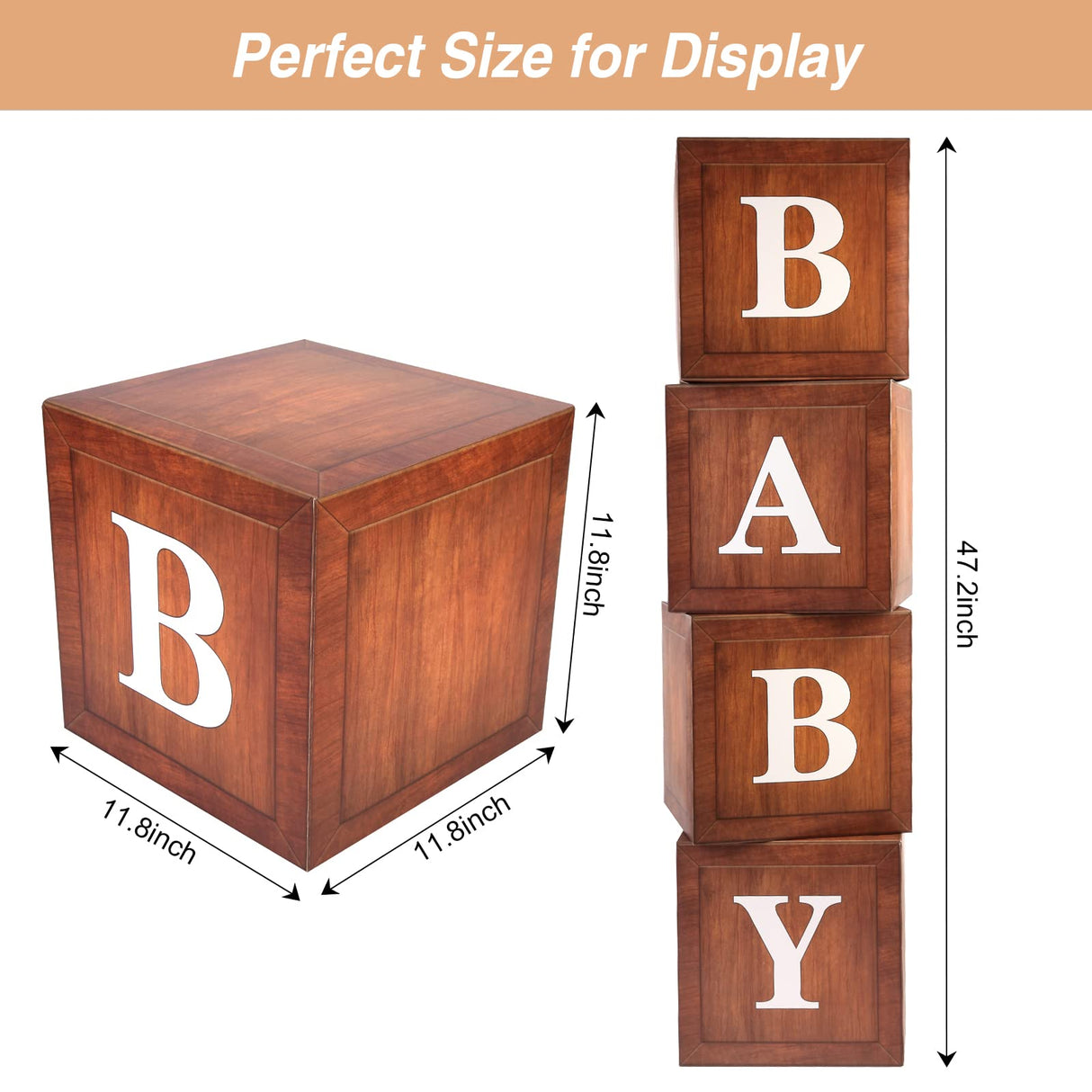 Wood Baby Shower Boxes Party Decorations - 4 Wood Grain Brown Blocks with Printed BABY Letters, Gender Reveal Backdrop,Teddy Bear Baby Shower Supplies, First Birthday Centerpiece Decor WLMALL