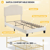 coucheta Twin Size Bed Frame with Velvet Upholstered, Metal Platform Bed Frame with Headboard for Girl Wooden Slats Support, No Box Spring Needed/Noise-Free/Easy Assembly, Beige coucheta