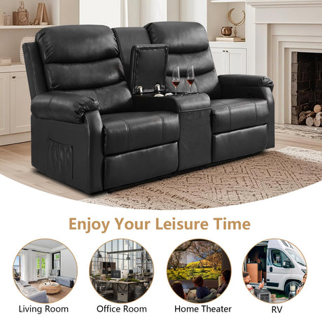 ZRNINR Loveseat Reclining Sofa, Home Theater Seating with Center Console, RV Recliner Sofa with Cup Holders and Pockets, Manual Double Seater Recliner for Living Room, Motor Home, Cinema(Black) ZRNINR