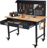 Workbench 48 x 24 Adjustable Height Worktable, Heavy Duty Rubber Wood Top, 2000 LBS Load Capacity, Tool Storage Workstation with Drawer, Pegboard, Power Outlets & Lockable Wheels, with Drawer Back IDEALHOUSE