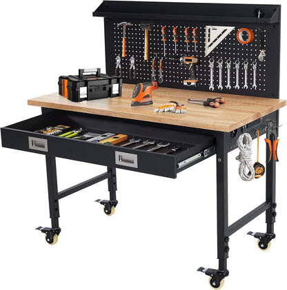 Workbench 48 x 24 Adjustable Height Worktable, Heavy Duty Rubber Wood Top, 2000 LBS Load Capacity, Tool Storage Workstation with Drawer, Pegboard, Power Outlets & Lockable Wheels, with Drawer Back