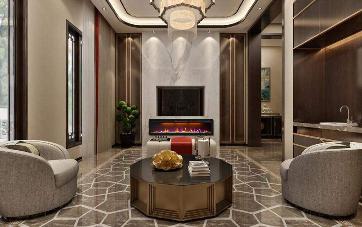 Mystflame 72 inch Electric Fireplace - Ultra Slim Frame - in Wall Recessed & Wall Mounted - Multicolor Flame - Log & Crystal Hearth - 1500/750 Watt Heater - Remote Control & Touch Screen- Timer Mystflame