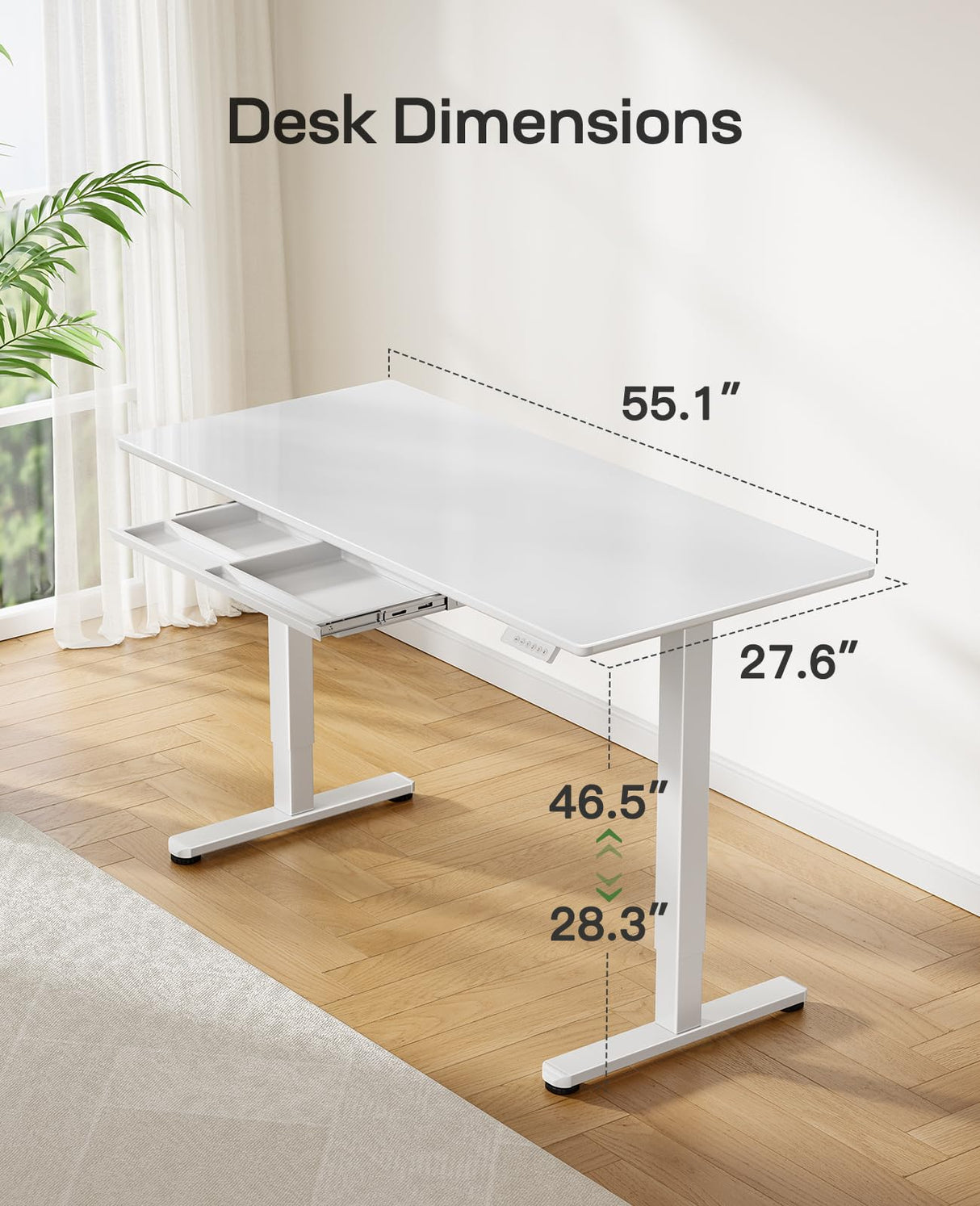 Marsail Glass Electric Standing Desk with Drawer, 55 x 28 Inches Height-Adjustable Desk, One-Piece Tempered Glass Top, Ergonomic Home Office Sit Stand Desk with 4 Preset Heights, White Marsail