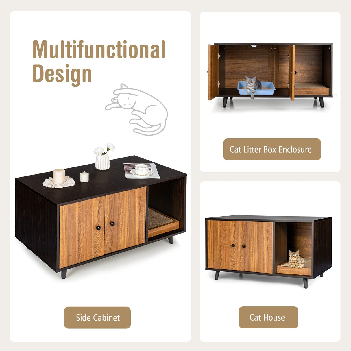 PETSITE Cat Litter Box Enclosure, Wooden Litter Box Cabinet with Divider, Scratching Pad & Metal Legs, Litterbox Enclosure Furniture with Double Doors, Hidden Litter Box, 35.5 x 20 x 20 inch PETSITE