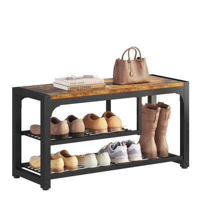 HOMEFORT Shoe Bench,3 Tiers Shoe Rack Bench,31.5" Shoe Storage Bench for Entryway, Retro Industrial Entry Bench with Mesh Shelves and Boot Storage,for Front Door Entrance, Rustic Brown