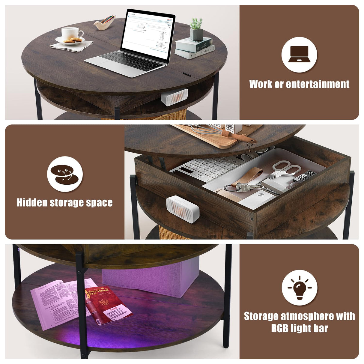 Mmucco 35.43" Round Lift Top Coffee Table with 2-Tier Storage, Circle Storage Coffee Tables with LED Light for Living Room,Round Storage Coffee Table for Home Office Mmucco