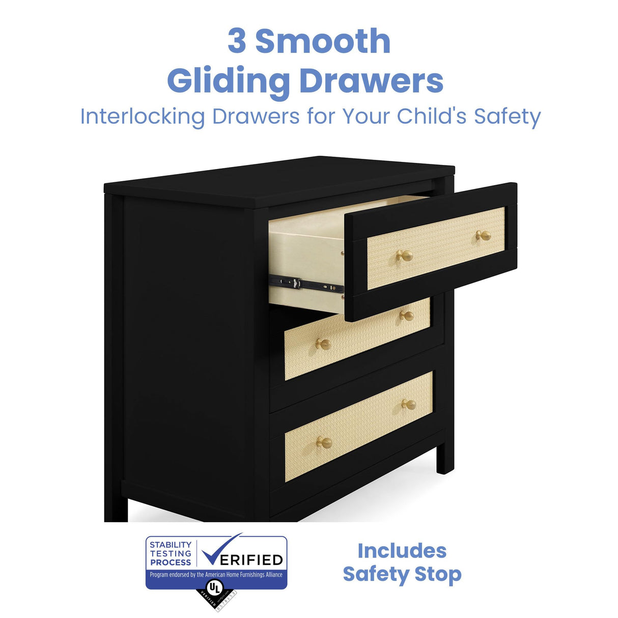 Simmons Kids Theo 3 Drawer Dresser with Changing Top and Interlocking Drawers, Black/Textured Almond Delta Children