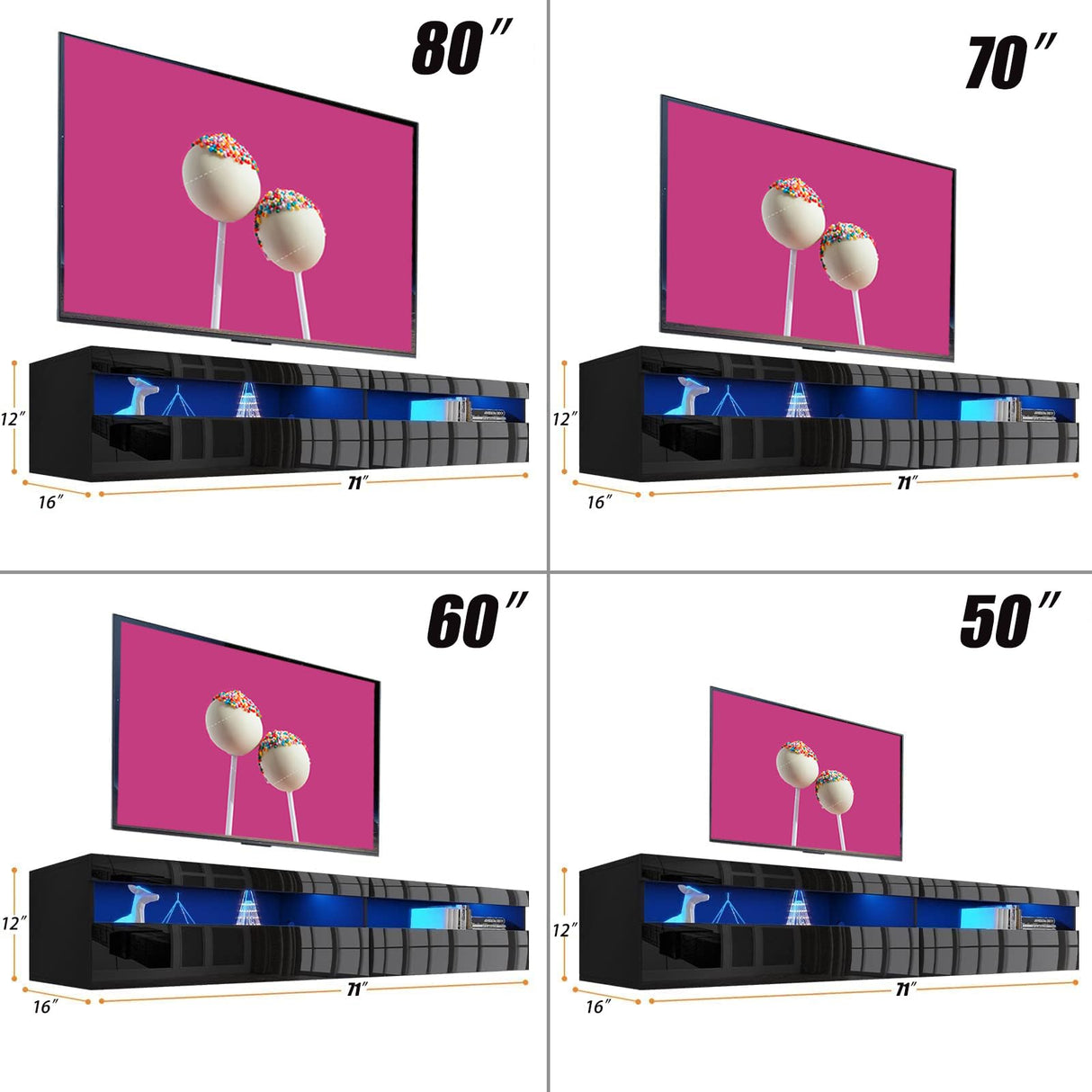 wuleen Floating TV Stand, 71" Floating Entertainment Center Wall Mounted,Floating Wall Mounted TV Shelf with Led Lights and Power Outlet,Modern High Gloss tv Cabinet Media Console with Storage wuleen