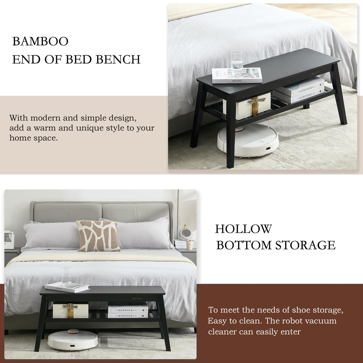 Nnewvante Bamboo Entryway Bench, 33.46" End of Bed Bench, 2 Tier Black Bench for Bedroom, Indoor Bench for Living Room, Dining Room, Hallway, Holds up to 300lbs Nnewvante