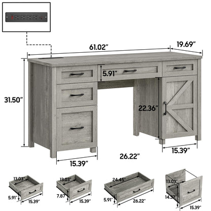 Farmhouse 61'' Executive Desk with 5 Drawers, Rustic Office Desk Computer Desk with Charging Station, File Drawers and Storage Cabinet, Wood Workstation for Home Office and Study, Gray - WoodArtSupply