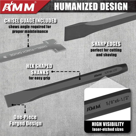AMM 16PCS Punch and Chisel Set, including Taper Punch, Cold Chisels, Pin Punch and Center Punch, Cr-V for Working with Wood, Metal, Automotive AMM