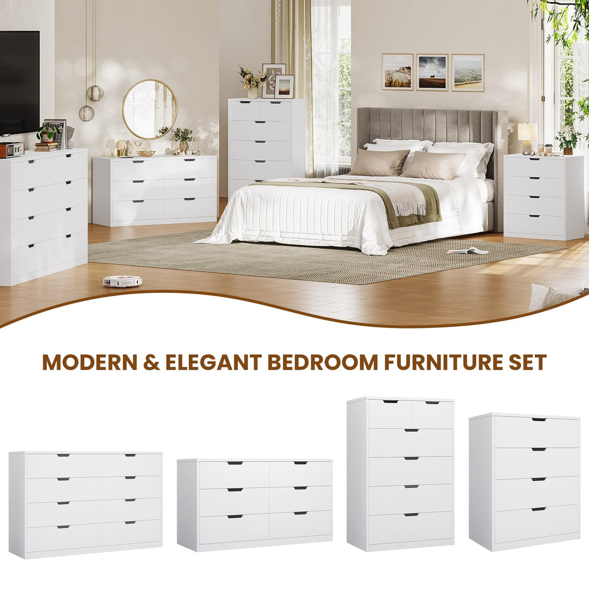 BTHFST 4 Drawers White Dresser for Bedroom, Modern Wood Chest of Drawers 4 Drawer Dresser with Large Capacity for Living Room, Closet, Hallway, Entryway BTHFST