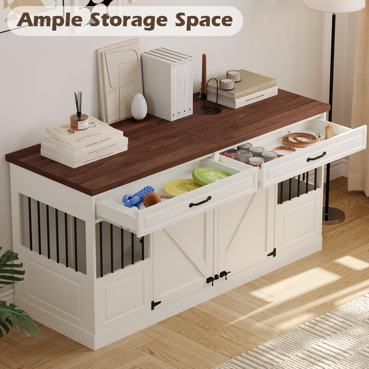 Large Dog Crate Furniture - Wooden Indoor Dog Kennel Furniture for 2 Dogs with 2 Drawers and Removable Divider, Heavy Duty Dog Crate Table, 63" L x 23.6" W x 31.5" H, White Faceket