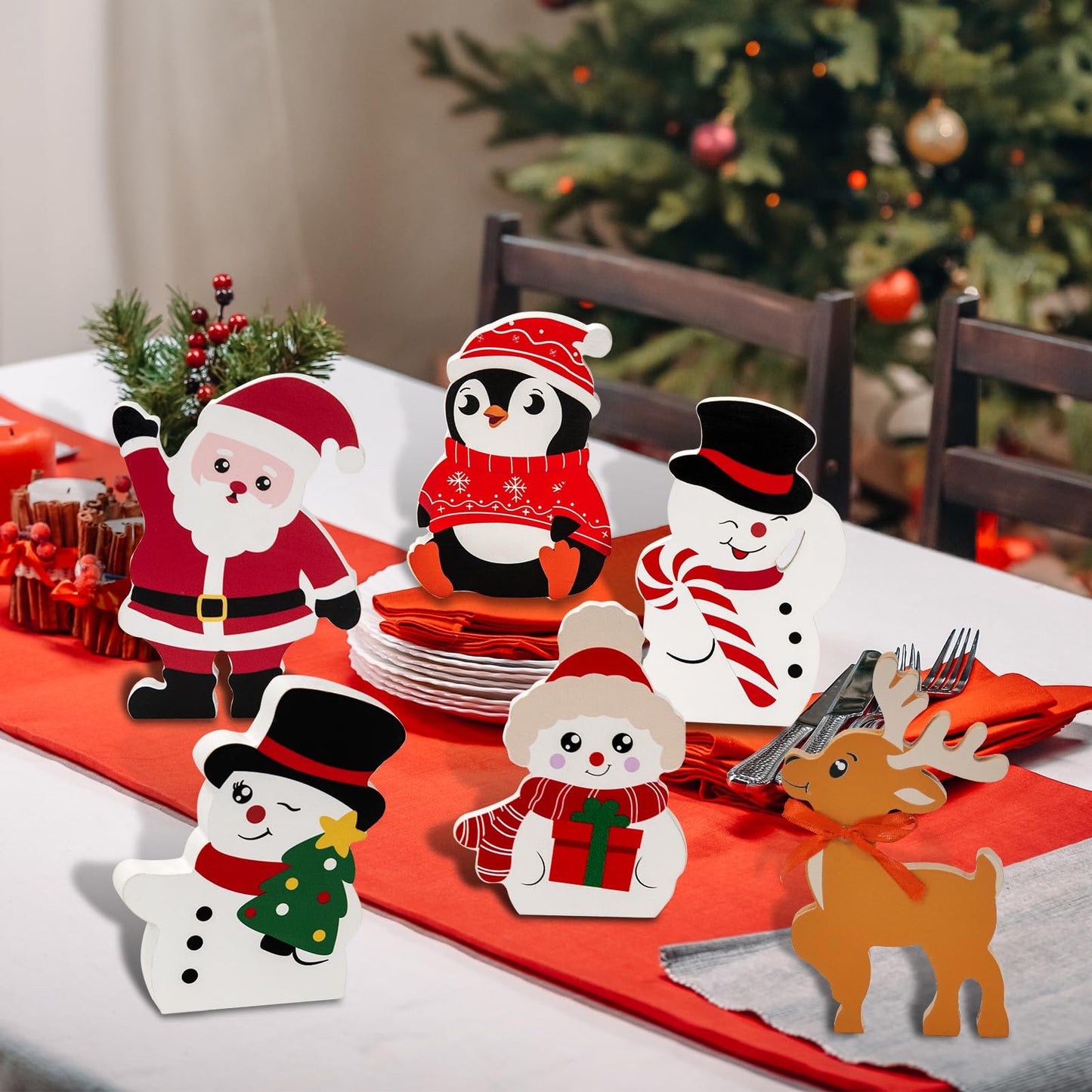 Fashlits 6 Pcs Christmas Snowman Wooden Decorations Indoor, Cute Winter Wood Table Sign with Snowman Penguin Elk Santa Claus for Xmas Party Home Office Shelf Decor