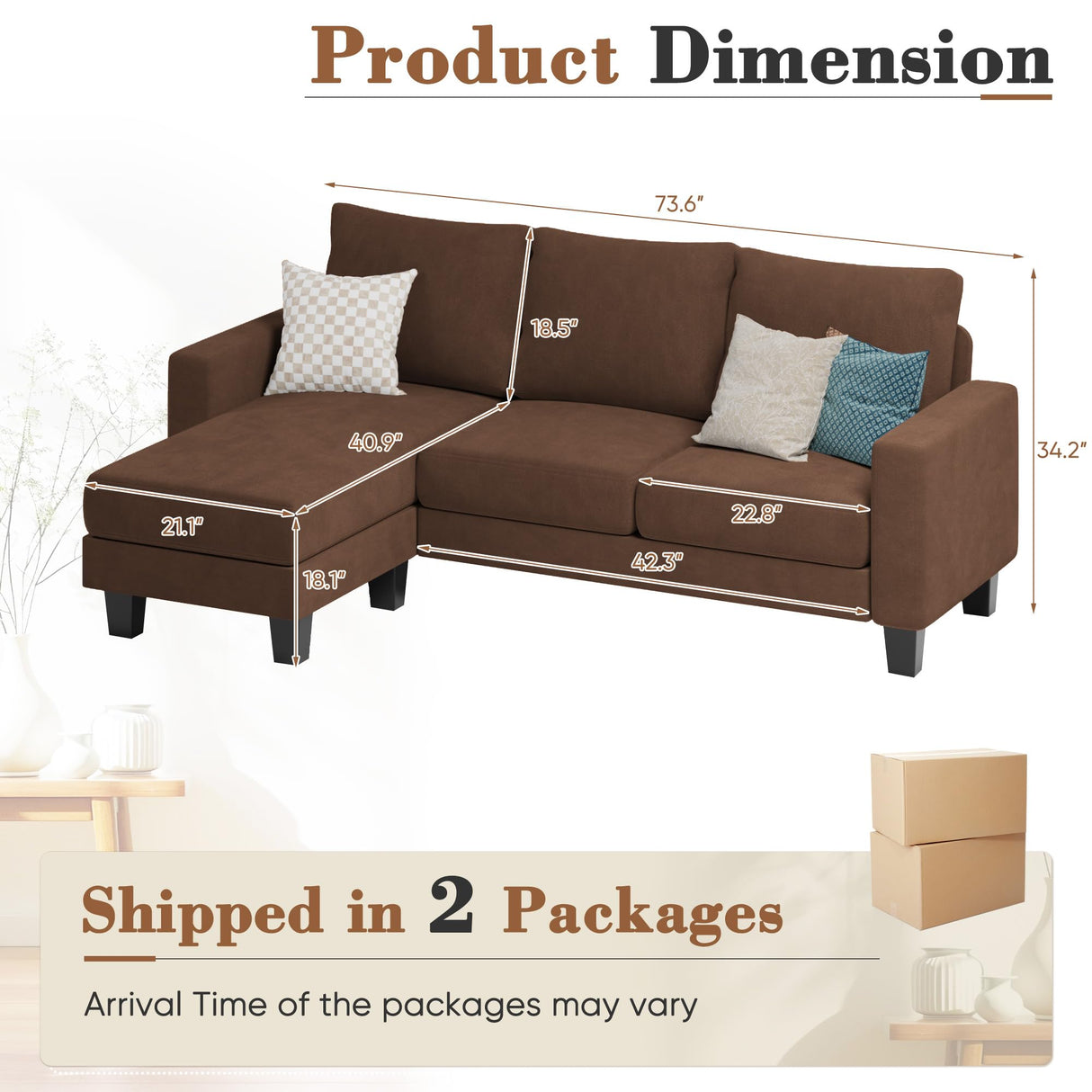 Homall Sofa for Living Room, Couch with Convertible Chaise, 3 Seat L-Shaped Sofas, Comfy Fabric Couches for Apartment, Small Space, Elegant Brown Homall