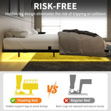 HOMBCK Floating Bed Frame Queen with LED Lights, Modern Metal Platform Bed Frame Queen Size, Heavy Duty Steel Slats Support, No Box Spring Needed, Noise Free, Easy Assembly, Black HOMBCK