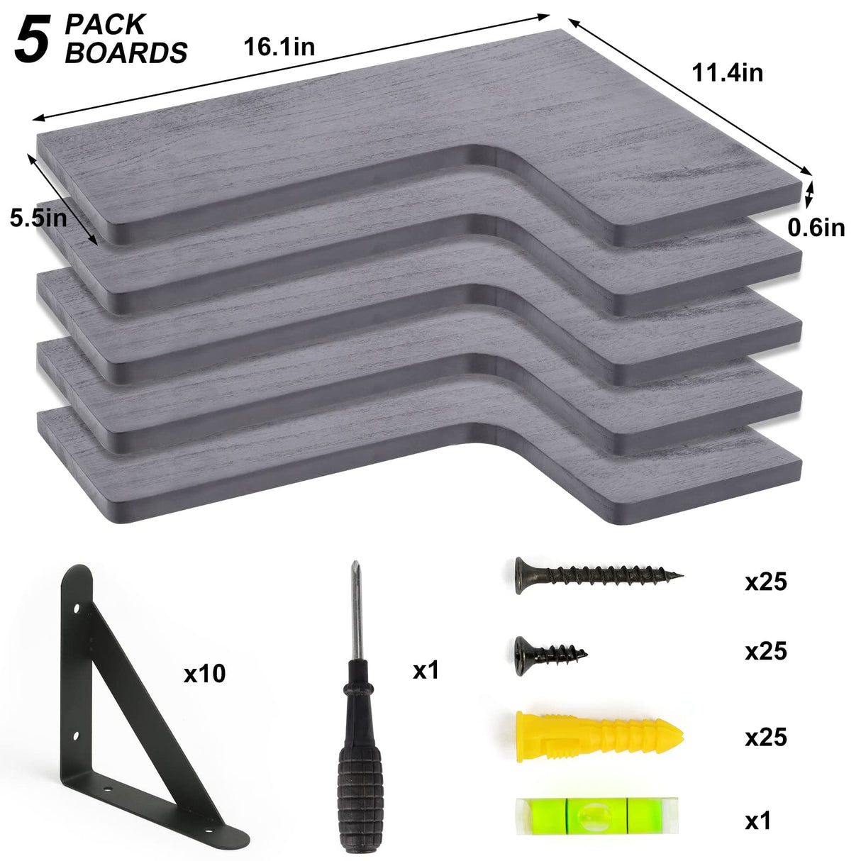 Fixwal Corner Floating Shelves Set of 5, Rustic Wood Wall Mounted Corner Shelf for Bathroom, Kitchen, Bedroom, Home Decor, Laundry Room, Living Room(Gray) Fixwal