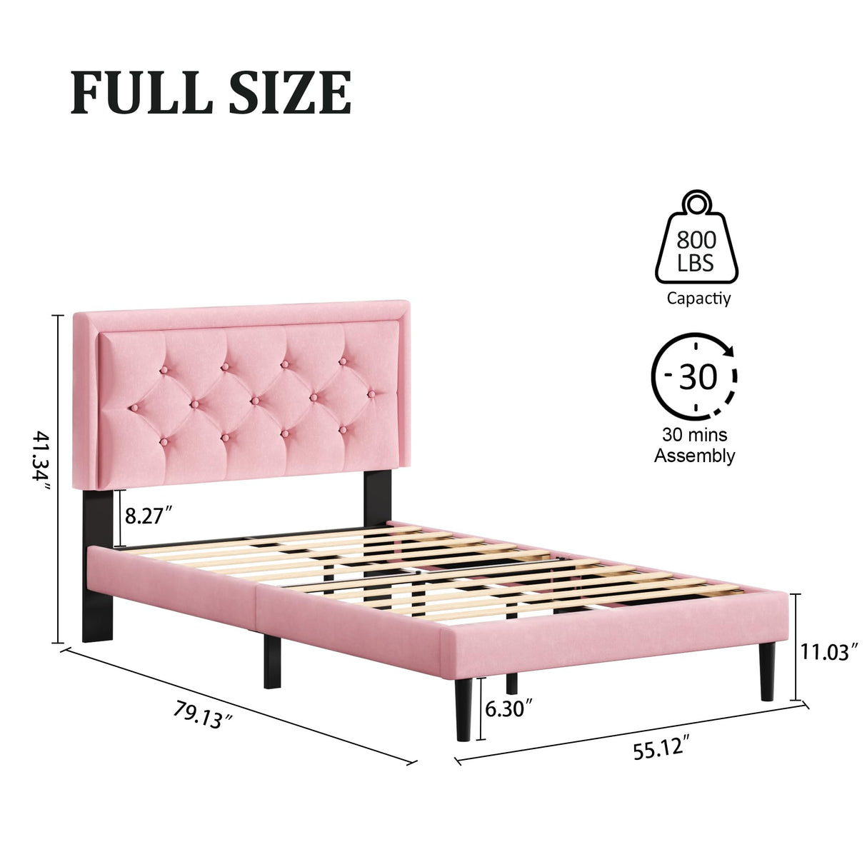CXVX Full Size Platform Bed Frame with Upholstered Velvet Button Tufted Headboard, Mattress Foundation with Wooden Slat Support, No Box Spring Needed, Easy Assembly, Noise Free, Pink CXVX