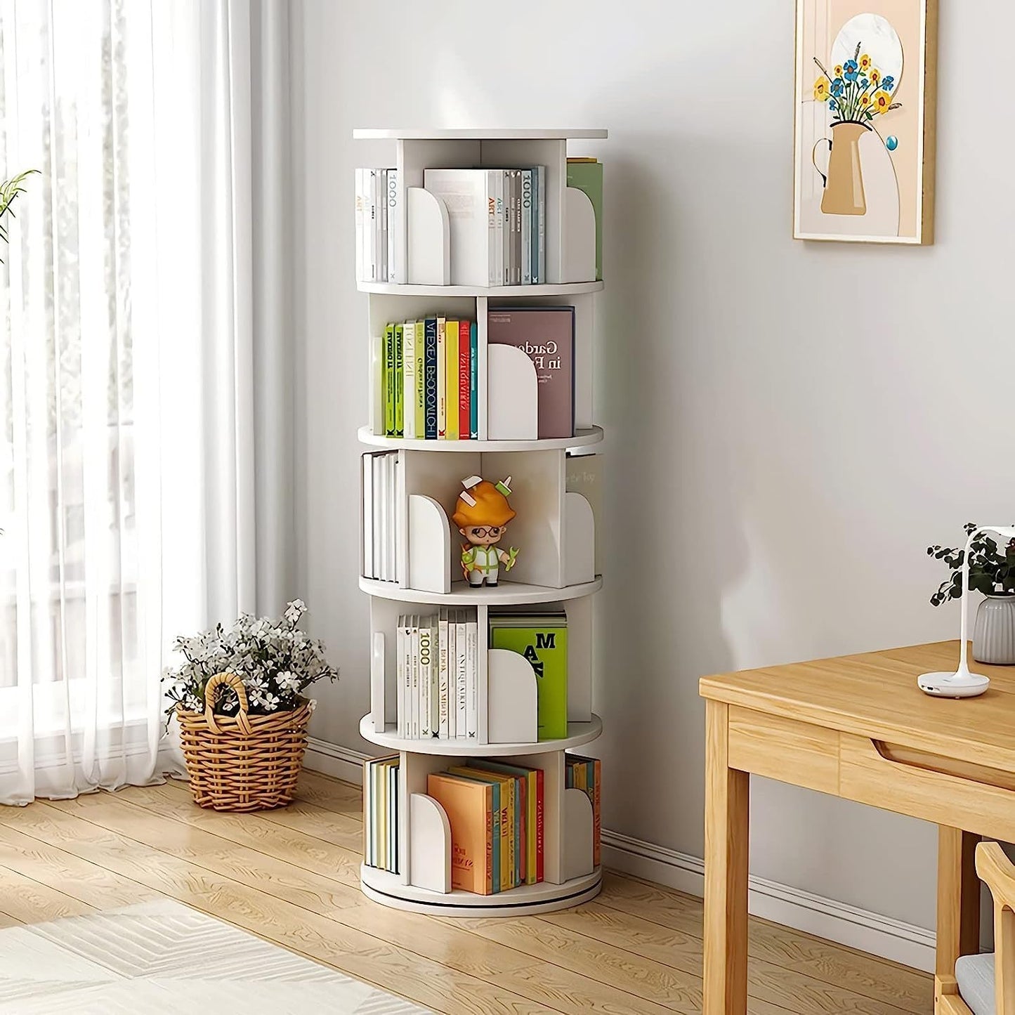 Nisorpa 5-Tier 360° Rotating Bookshelf – Space-Saving Tower Bookcase for Small Spaces - WoodArtSupply