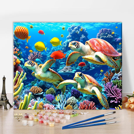Paint by Numbers for Adults Turtle and Coral Reef in The Red Sea, Marine Animal Underwater World Paint by Number Kit on Canvas for Beginners, Oil Painting Set 16x20 Inch Rebotipy