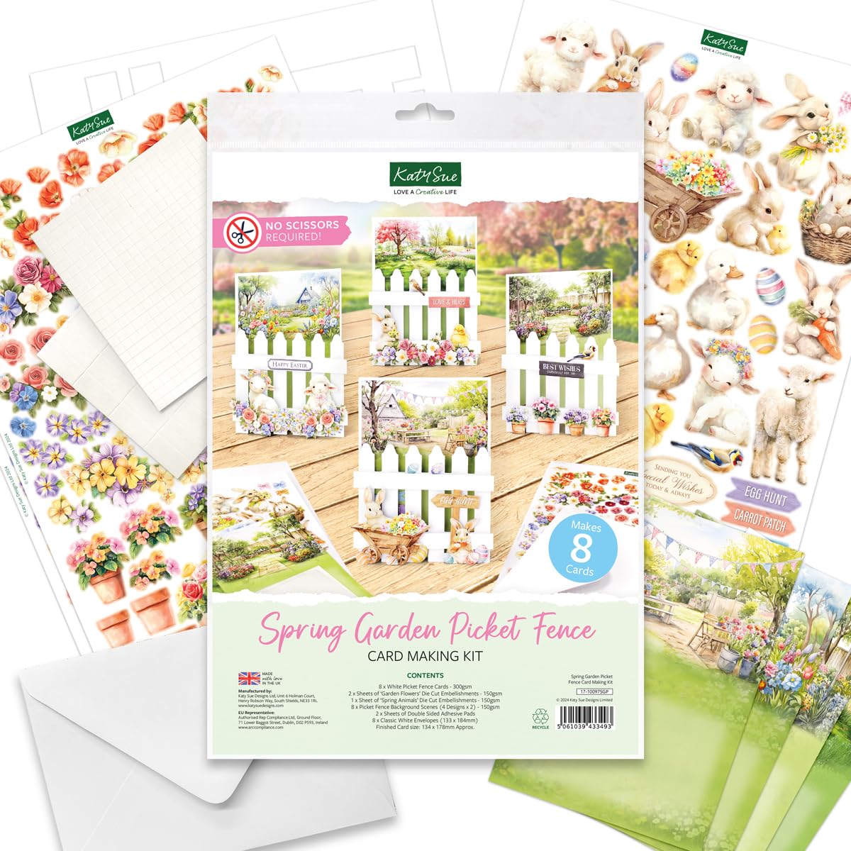 Katy Sue Spring Garden Picket Fence Card Making Kit. Contains 8 Shaped Cards, 3 Sheets of Die Cut Decoupage, Adhesive Foam Pads, Background Scenes, Instructions & 8 Envelopes for Card Making Supplies Katy Sue