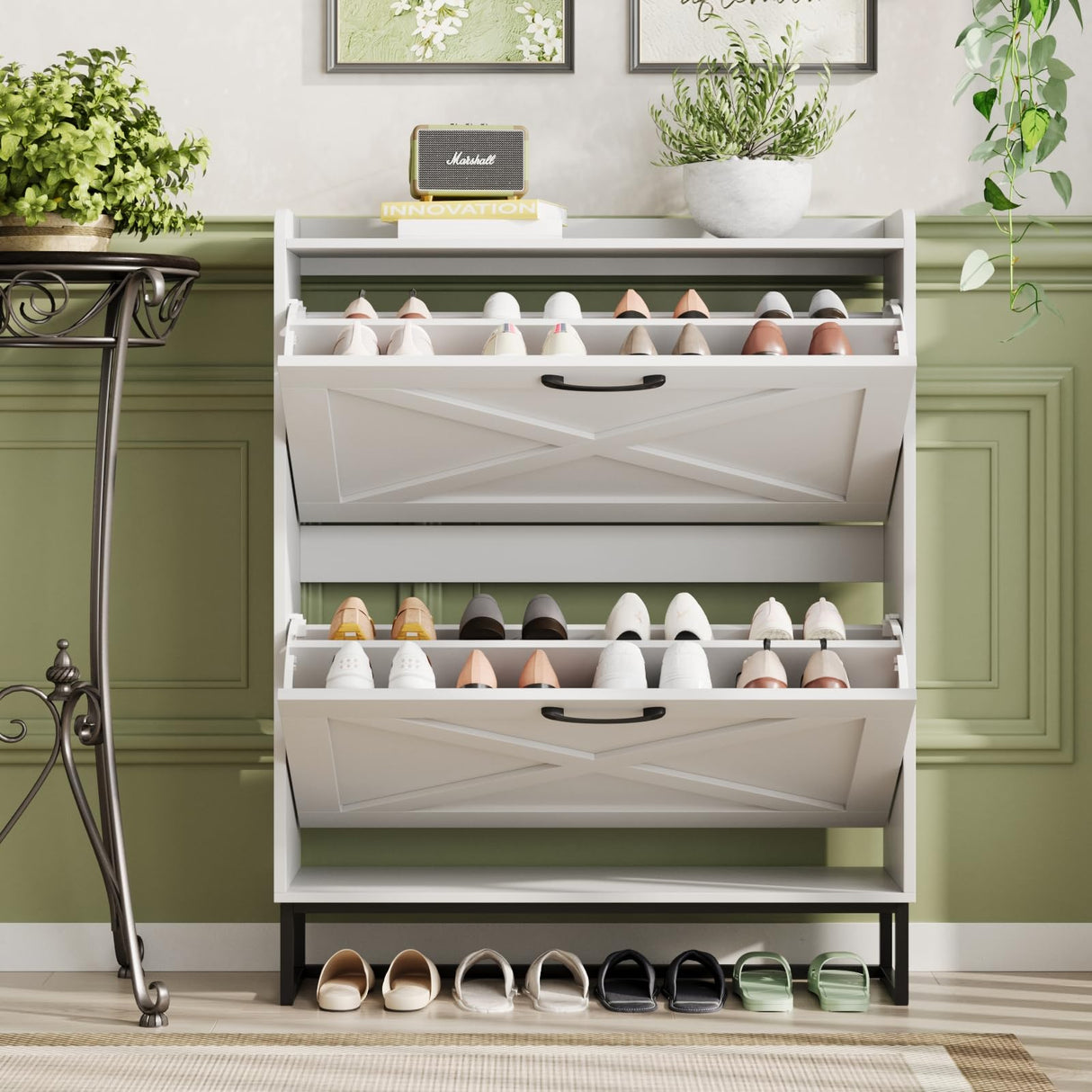 Maupvit Shoe Cabinet with 2 Flip Drawers, Freestanding Shoe Cabinet Organizer with Metal Legs, Shoes Storage Cabinet for Entryway, Narrow Shoe Rack Cabinet, White Maupvit