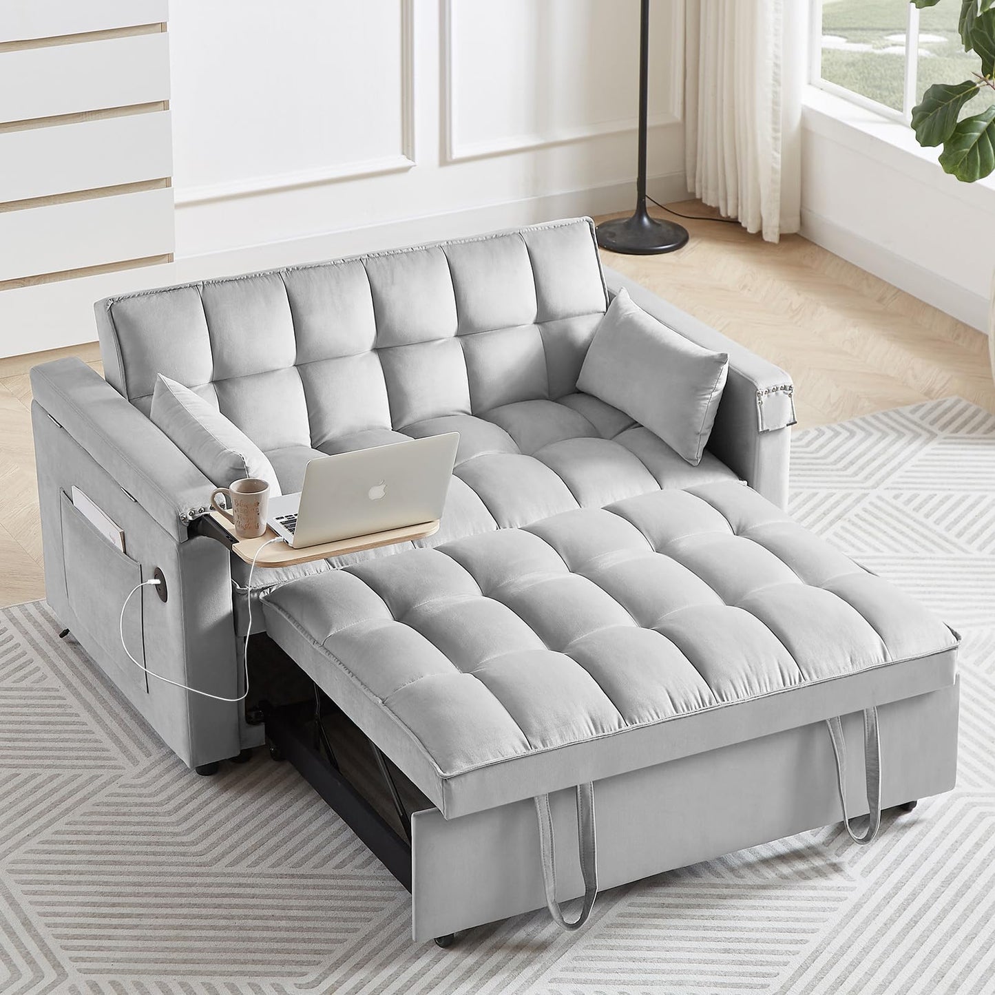 Convertible Sofa Bed,3-in-1 Velvet Sleeper Couch Pull-Out Bed,55'' Loveseat Sleeper Sofa Bed with Adjustable Backrest with 2 Pillows and Storage Bag & USB Port and Hidden Side Computer Table,Gray