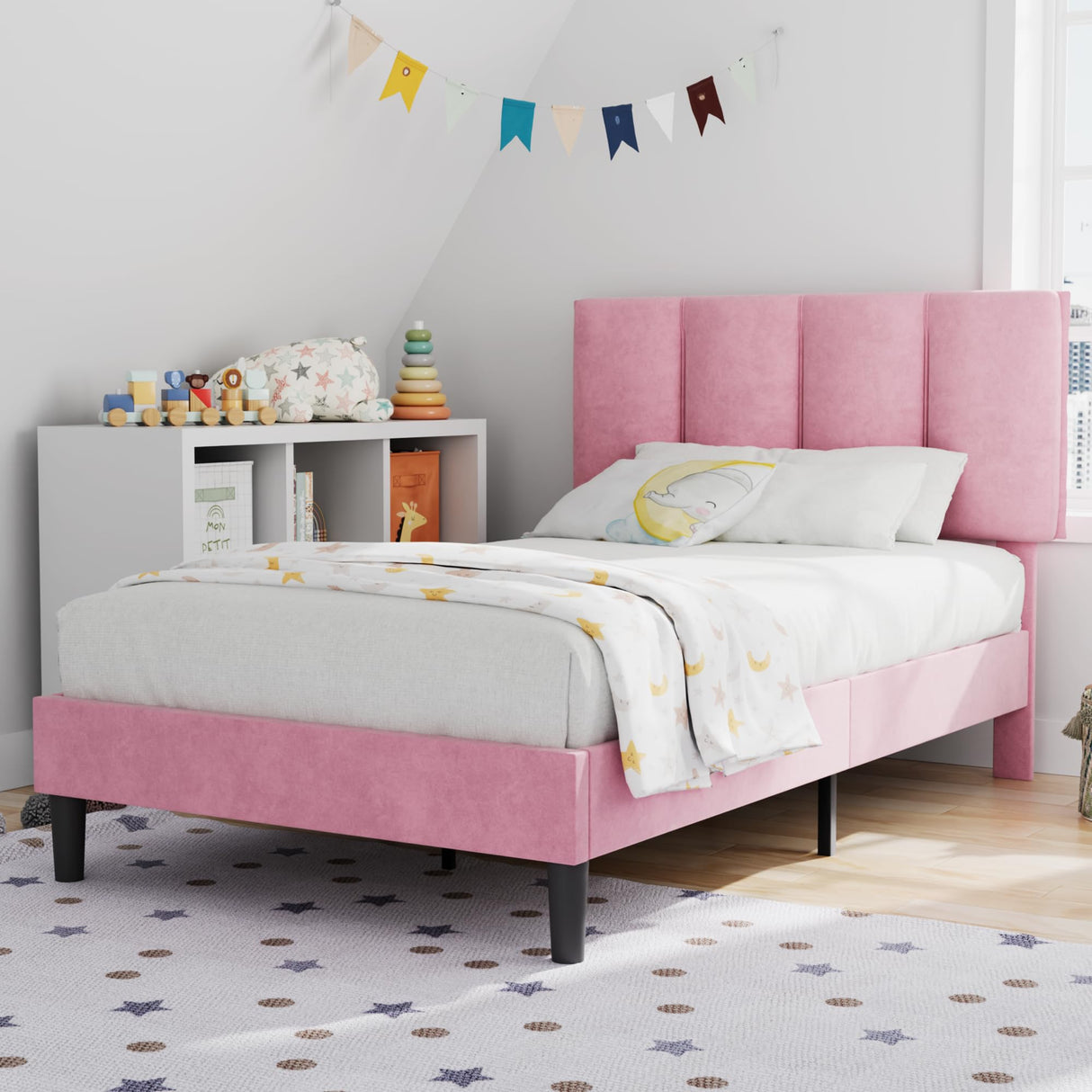 VECELO Twin Bed Frame with Upholstered Headboard, Heavy-Duty Platform Bedframe with Strong Wooden Slats Support, No Boxing Spring Needed, Pink VECELO