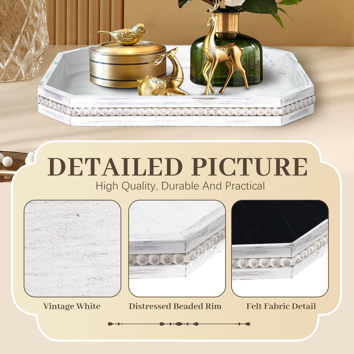 Wooden Decorative Tray, Rustic Serving Tray with Wood Bead, Farmhouse Big Tray for Ottoman, Countertop, Coffee Tabl, 16.5" x 13"x 1.6" (Retro White) CedarLux