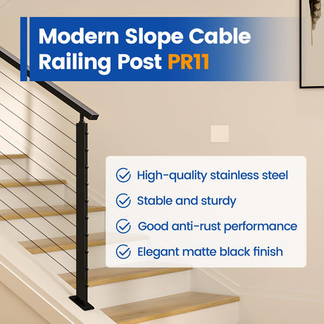 Muzata Black Slope Cable Railing Post 36 Inch for 25-40 Degrees Slope 36"x1"x2" T304 Stainless Steel Cable Railing System Kit Indoor Outdoor with User Guide and 5 Degree Spacer PR11 BA4S Muzata