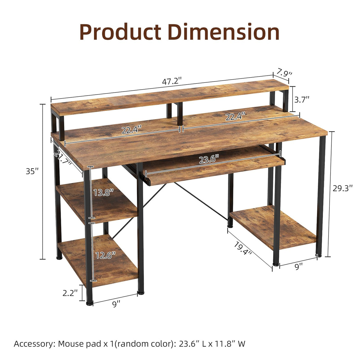 VERMESS 48Inch Computer Desk, Home Office Desks with Keyboard Tray, Gaming Desk with CPU Stand Shelf,Industrial Study Table Wide Writing Desk with Storage Shelves for 2 Monitors, Rustic Brown VERMESS