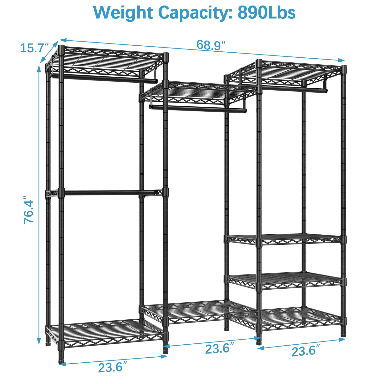 VIPEK V5 Portable Closet Wardrobe Heavy Duty Clothes Rack, Freestanding Clothing Rack with 4 Hang Rods & 8 Shelves, Adjustable Closet Rack, 68.9" L x 15.7" W x 76.4" H, Max Load 890LBS, Black - WoodArtSupply