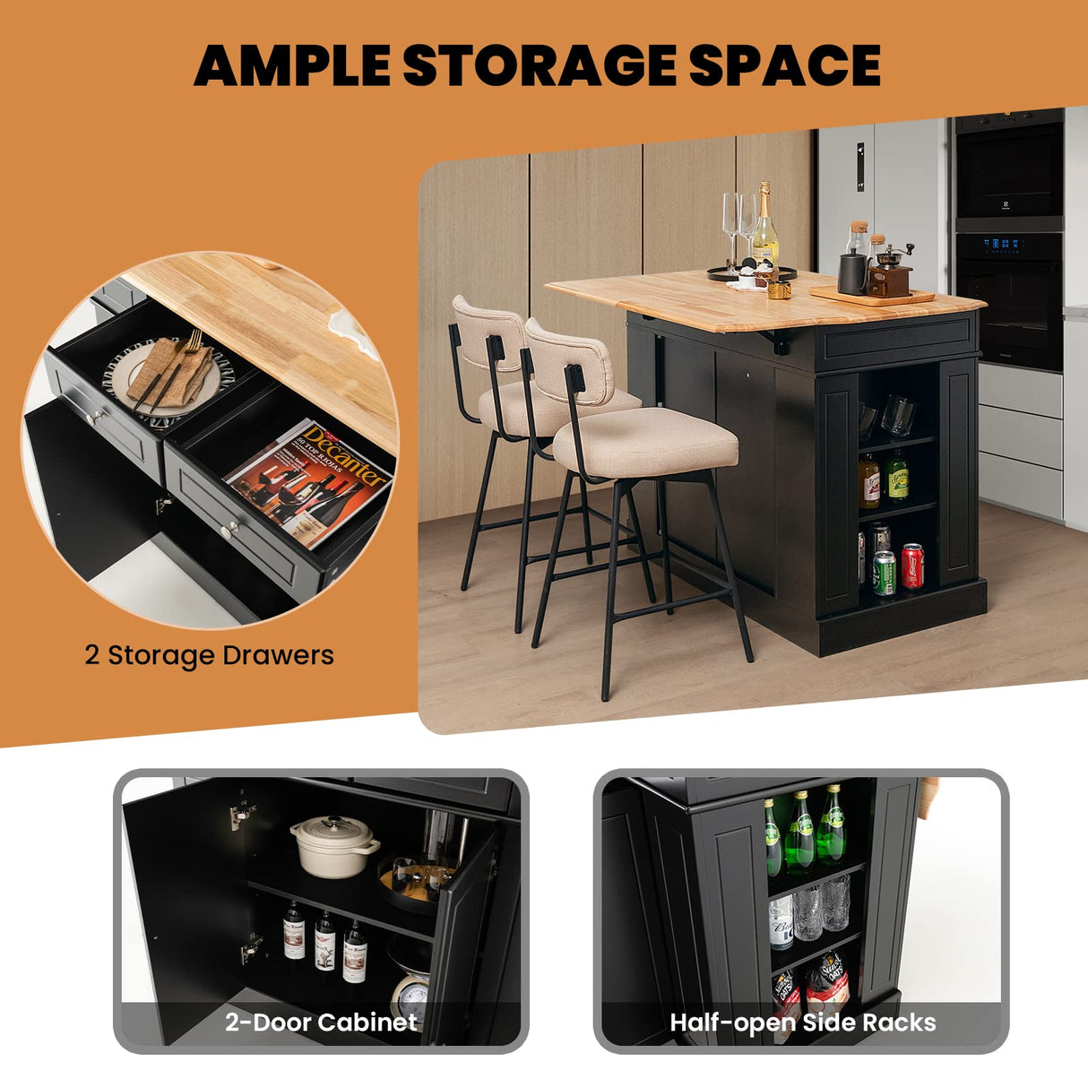 LOKO Black Kitchen Island with Drop Leaf, Storage Cabinet, Adjustable Shelves & Drawers LOKO
