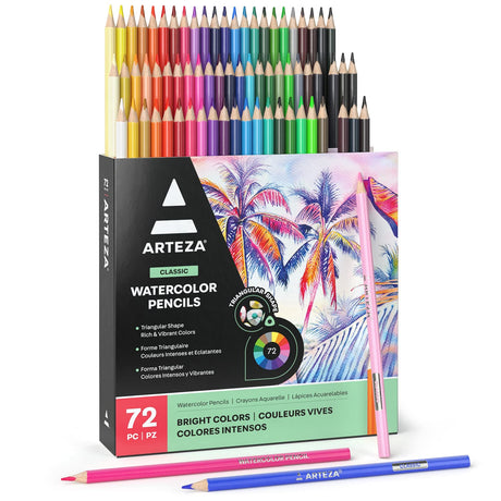 ARTEZA 72 Watercolor Pencils, Water Color Pencils in Assorted Shades, Triangular Shape Drawing Pencils ARTEZA