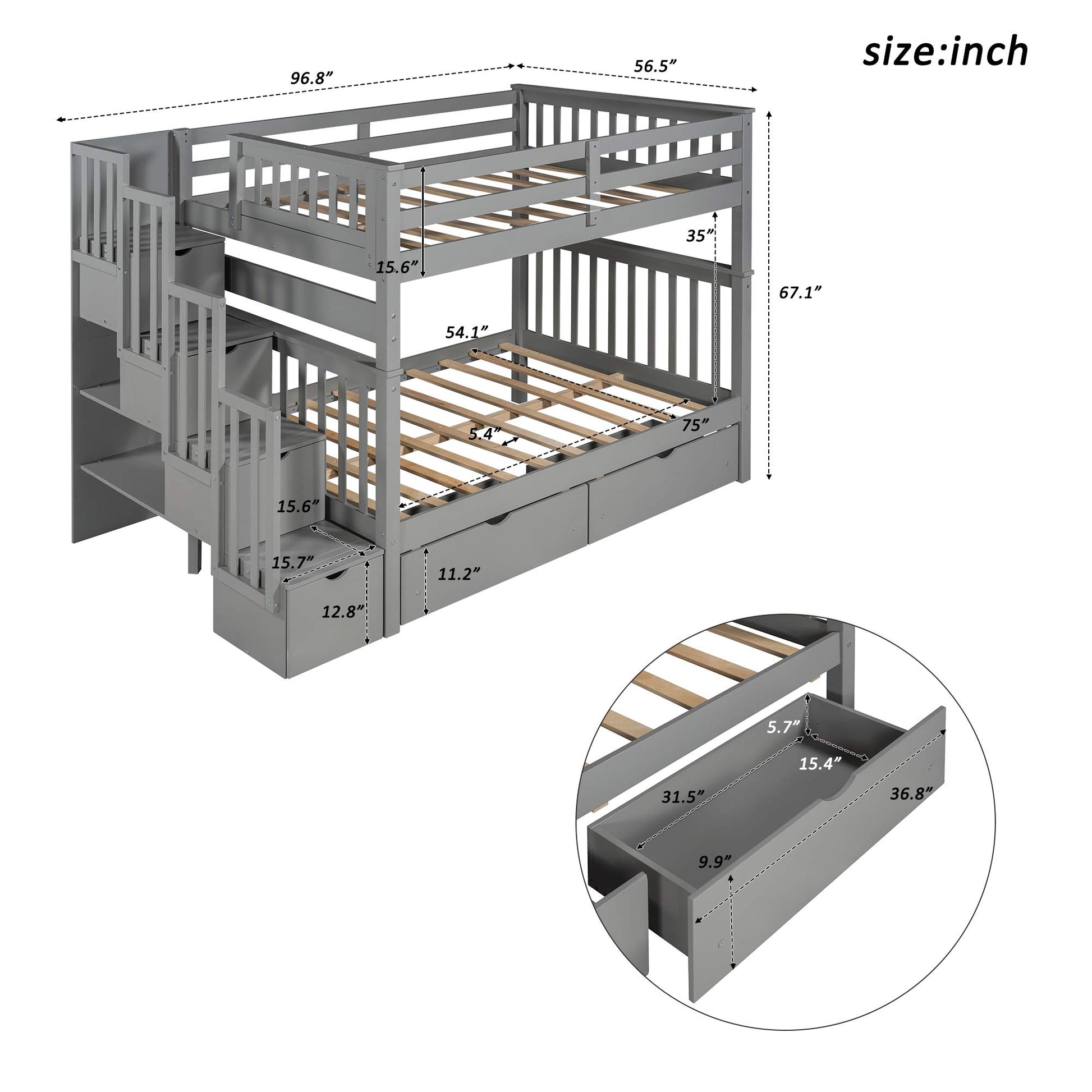 MERITLINE Gray Full Over Full Bunk Bed with Staircase and 6 Storage Drawers for Kids and Teens - WoodArtSupply