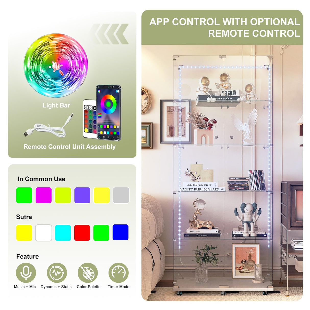 Buzleer Glass Display Cabinet with Lock LED Lighting 5-Tier 2-Door Curio Cabinets Full Vision Showcase Tempered Glass Display Case with Wheels for Living Room Bedroom Office, 74.6"*30.9"*13.6",White Buzleer