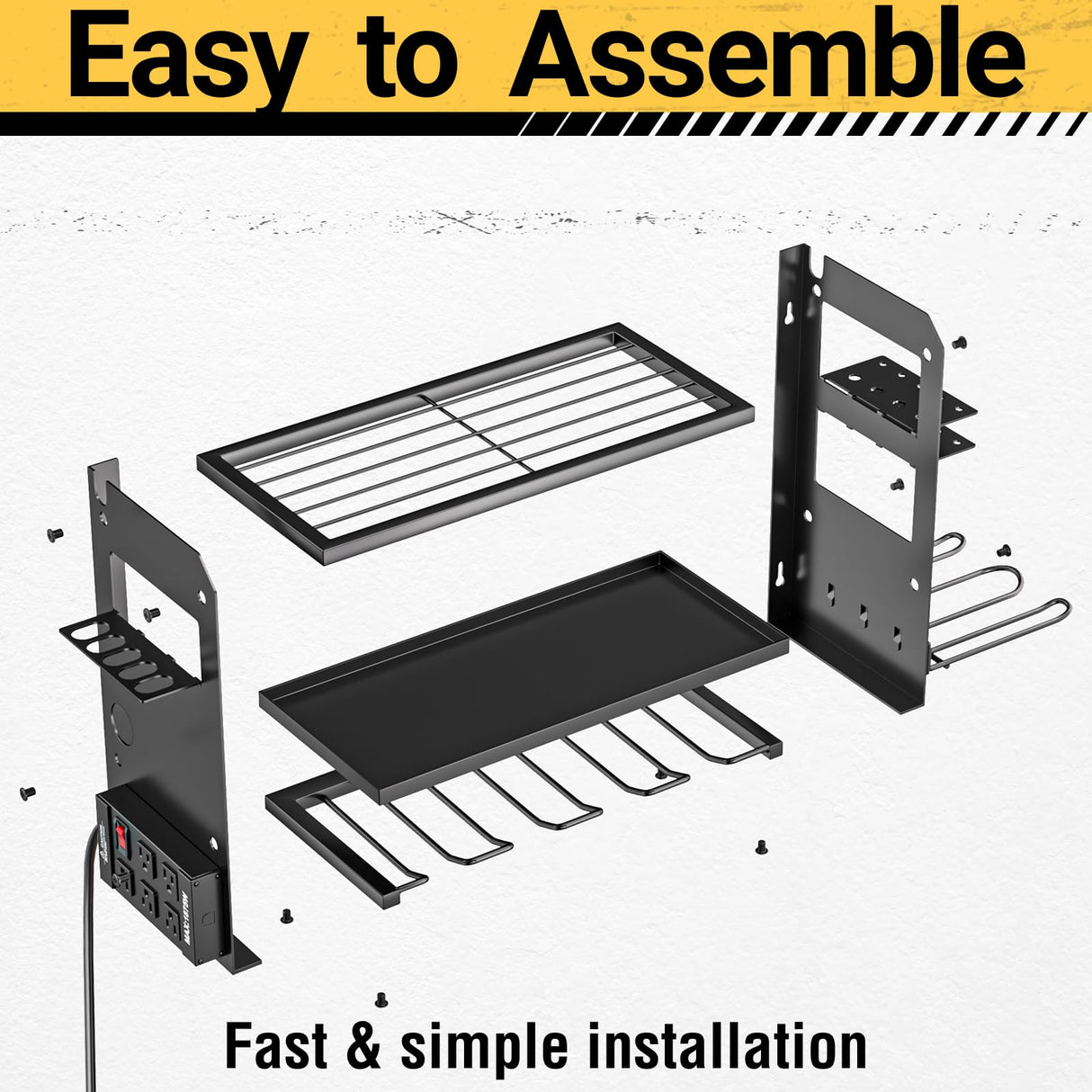YYR Power Tool Organizer Wall Mount with Charging Station, Cordless Tools Hanger and Battery Storage Rack for Garage Organization, Heavy Duty Drill Holder Shelf Build in Metal Power Strip - Black YYR