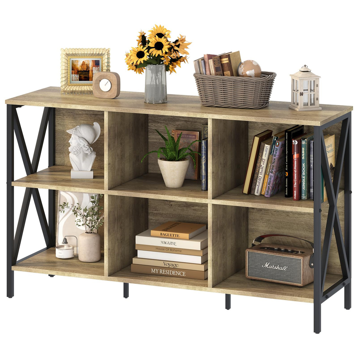 Horizontal Bookshelf Bookcase,6 Cube Storage Organizer with Open Shelf,47 Inch Industrial Low Wide Wood and Metal Cubby shelf,Long shelving unit for Home Office Living Room(Rustic Oak,6 Cube) Adompacat