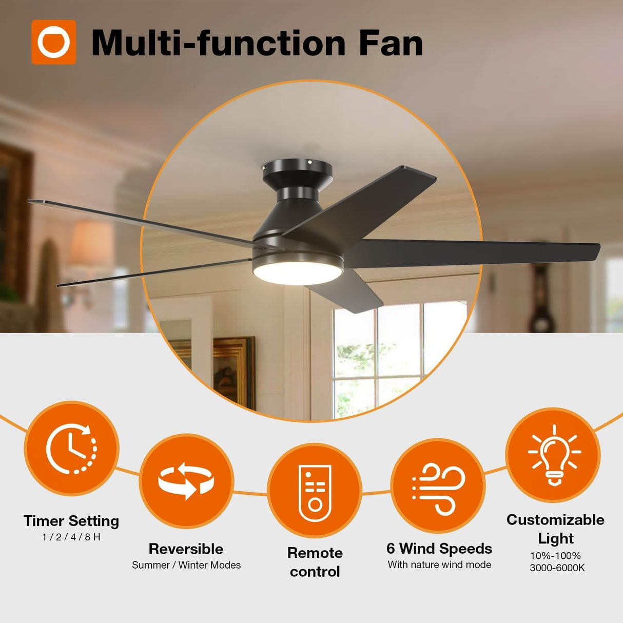 addlon Ceiling Fans with Lights, 52 inch Low Profile Ceiling Fan with Light and Remote Control, Flush Mount, Reversible, 3CCT, Dimmable, Noiseless, Black Ceiling Fan for Bedroom, Indoor/Outdoor Use addlon
