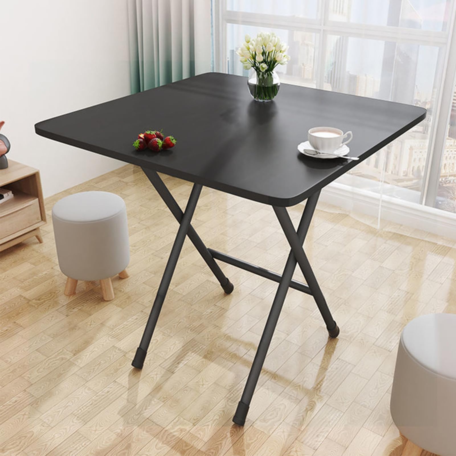 Walbest Foldable Dinner Table for 4, Square Solid MDF 4 Persons Home office Study Computer Desk Home Improvement Black - WoodArtSupply