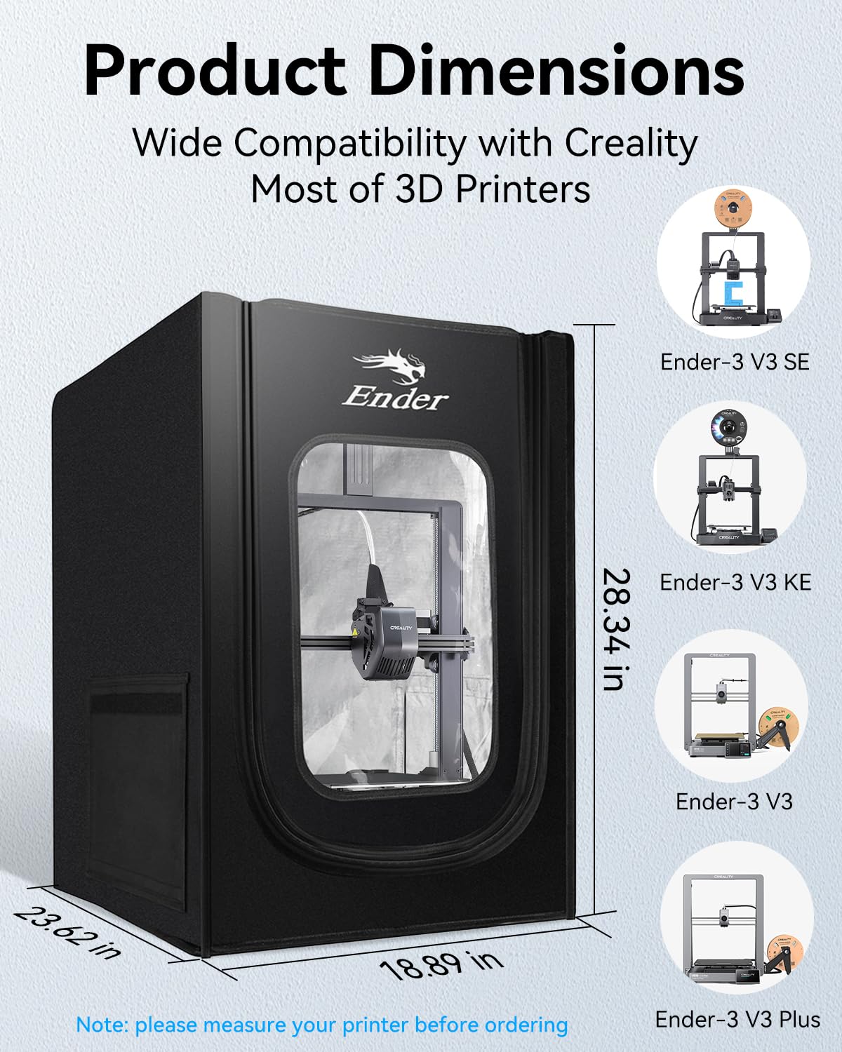 Creality Official 3D Printer Enclosure, Fireproof and Dustproof Tent Constant Temperature Protective Cover Compatible with Creality Ender 3/ Ender 3 V3 SE/Ender 3 V3 KE, 18.89”x 23.62” x28.34” Creality