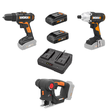 WORX 20V Cordless Drill Driver，Impact Driver and Reciprocating Saw，WX911L Power Tool Combo Kit ，2 * 2.0Ah Batteries & Charger Included WORX