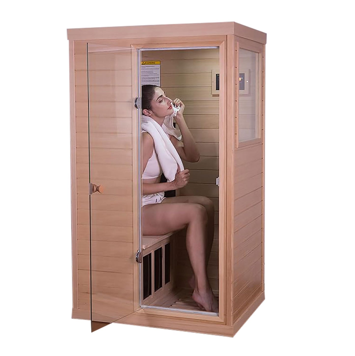 Xmatch Far Infrared Wooden Sauna Room, 1-Person Size Right Bench, with 1050W, 6 Heating Plates, 10-15 Minutes Pre-Warm up