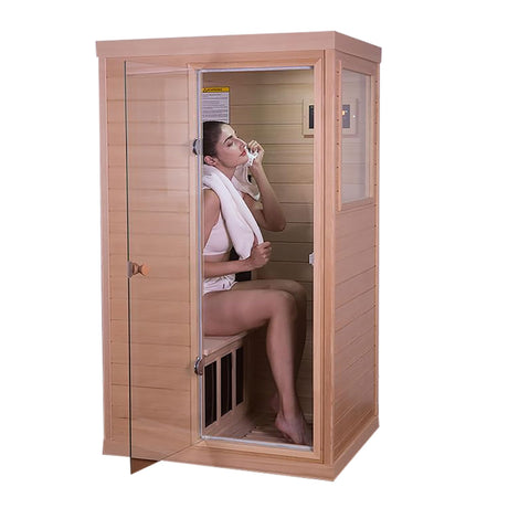 Xmatch Far Infrared Wooden Sauna Room, 1-Person Size Right Bench, with 1050W, 6 Heating Plates, 10-15 Minutes Pre-Warm up Xmatch